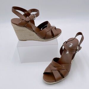 Prada Rony Brown Leather Espadrilles Platform Jute & Rubber‎ Wedge Heel - 37
